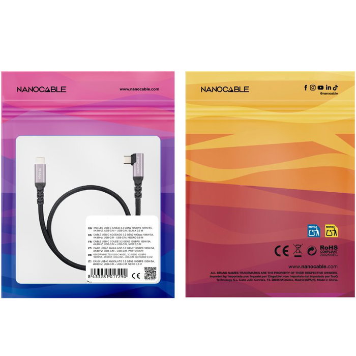 Nanocable Cable USB-C Acodado 3.2 Gen2 100W 4K/60Hz 2m Negro